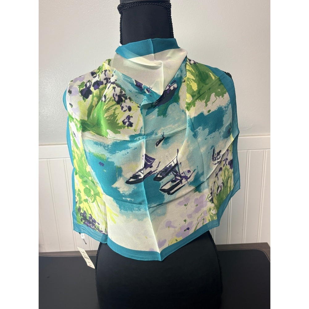 Talbots Silk Square Scarf Sailboat Floral Watercolor Turquoise Green 19x19 NWT